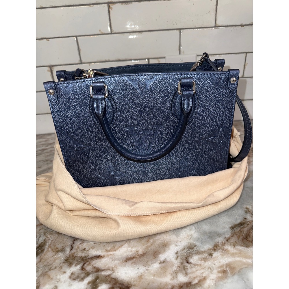 Rare Blue Louis Vuitton OnTheGo PM Monogram Empreinte Leather Tote Bag